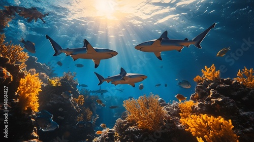 Sharks swimming gracefully through a vibrant coral reef in clear blue water