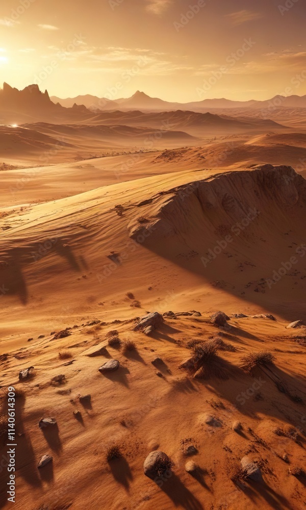 Fototapeta premium Warm golden tones scattered across a vast brown landscape, beige, desert