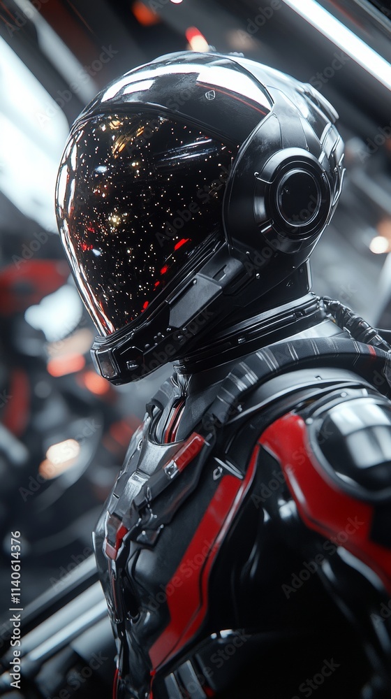 Futuristic astronaut wearing helmet with galaxy reflection in visor