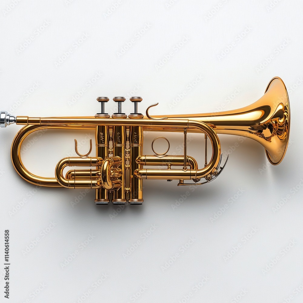 Obraz premium Golden trumpet resting on a white background showcasing musical elegance and craftsmanship
