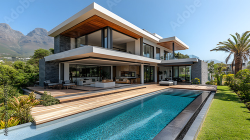 Photography showcasing a contemporary home with sharp geometric lines, large floor-to-ceiling windows overlooking a well-manicured lawn, and a sleek infinity pool surrounded by wooden decking.