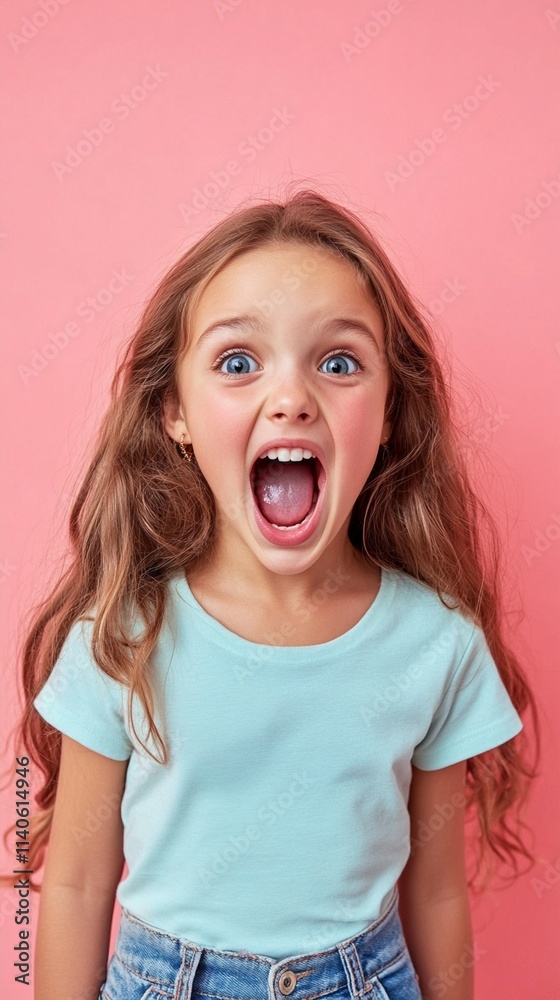 Expressive portrait of a young child showing pure joy and excitement against pink background, wearing casual mint t-shirt and denim, with long wavy hair and bright eyes. Expressive portrait of a young child showing pure joy and excitement against pink background, wearing casual mint t-shirt and denim, with long wavy hair and bright eyes.