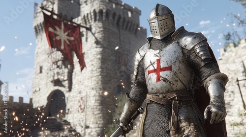 Medieval crusader knight guarding castle entrance during battle