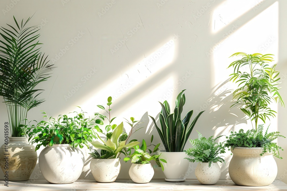 Indoor garden display featuring a variety of potted plants arranged on a white countertop Indoor garden display featuring a variety of potted plants arranged on a white countertop
