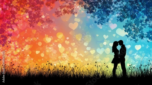 Romantic couple silhouetted against heart filled dreamy background during twi...