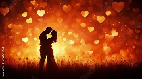 Romantic couple silhouetted against heart filled dreamy background during twi...