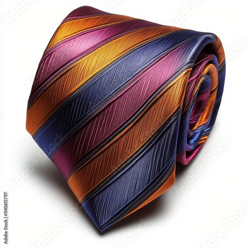Elegant silk tie featuring vibrant stripes in shades of gold, purple, and blu...