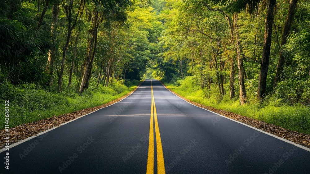 Fototapeta premium A picturesque rural road cuts through lush green forest, stretching into the horizon under a clear blue sky, inviting travelers to embark on a tranquil journey into nature.