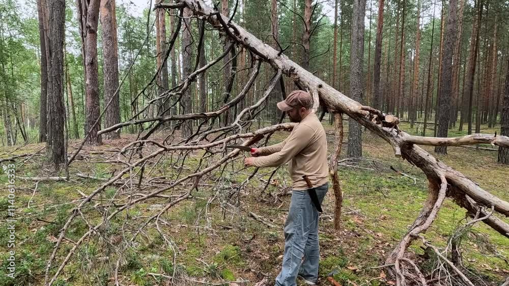 A man sawing a stick with a handsaw in the forest A man sawing a stick with a handsaw in the forest