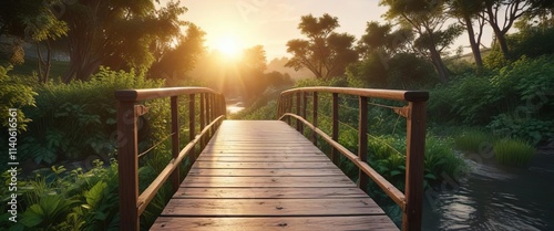 Wooden bridge with lush greenery passing over the river at sunset , nature, warm, river