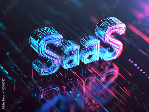 Exploring the vibrant world of technology innovation with glowing letters spelling out SaaS, surrounded by a futuristic digital landscape that pulses with energy and creativity photo