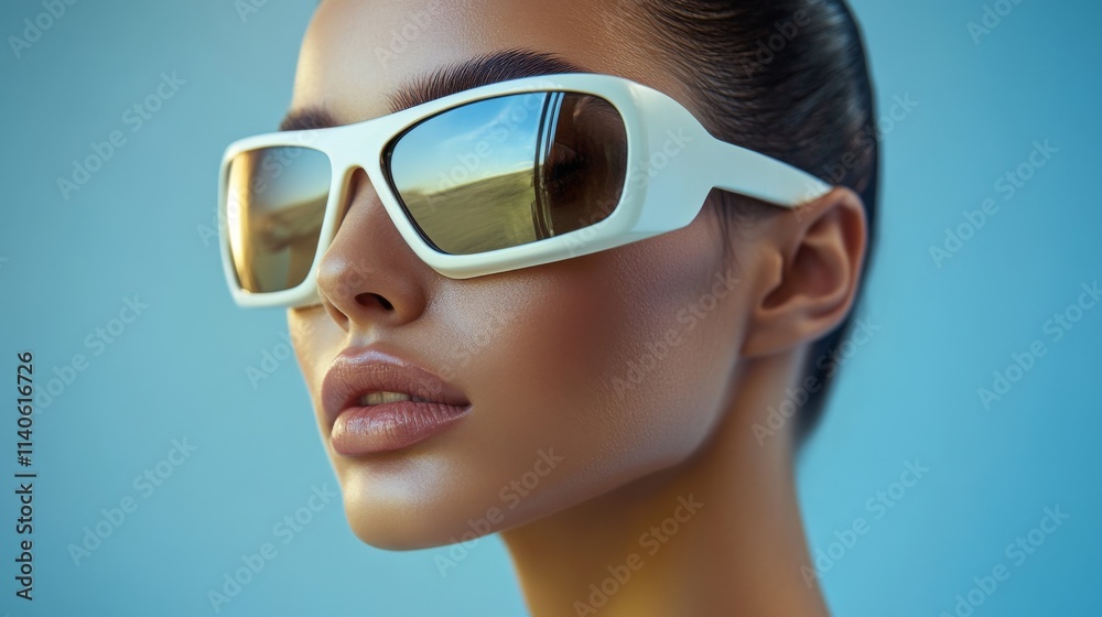 Side view of a stylish woman in bold white futuristic sunglasses with blue lighting Side view of a stylish woman in bold white futuristic sunglasses with blue lighting