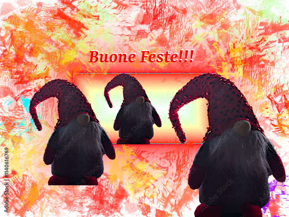 Sfondo bianco con colori astratti con gnomi natalizi e una scritta uone feste
