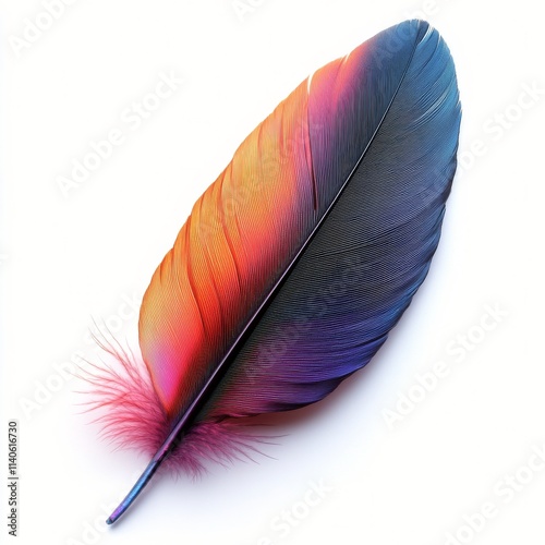 Vibrant feather displaying a rainbow of colors against a white background