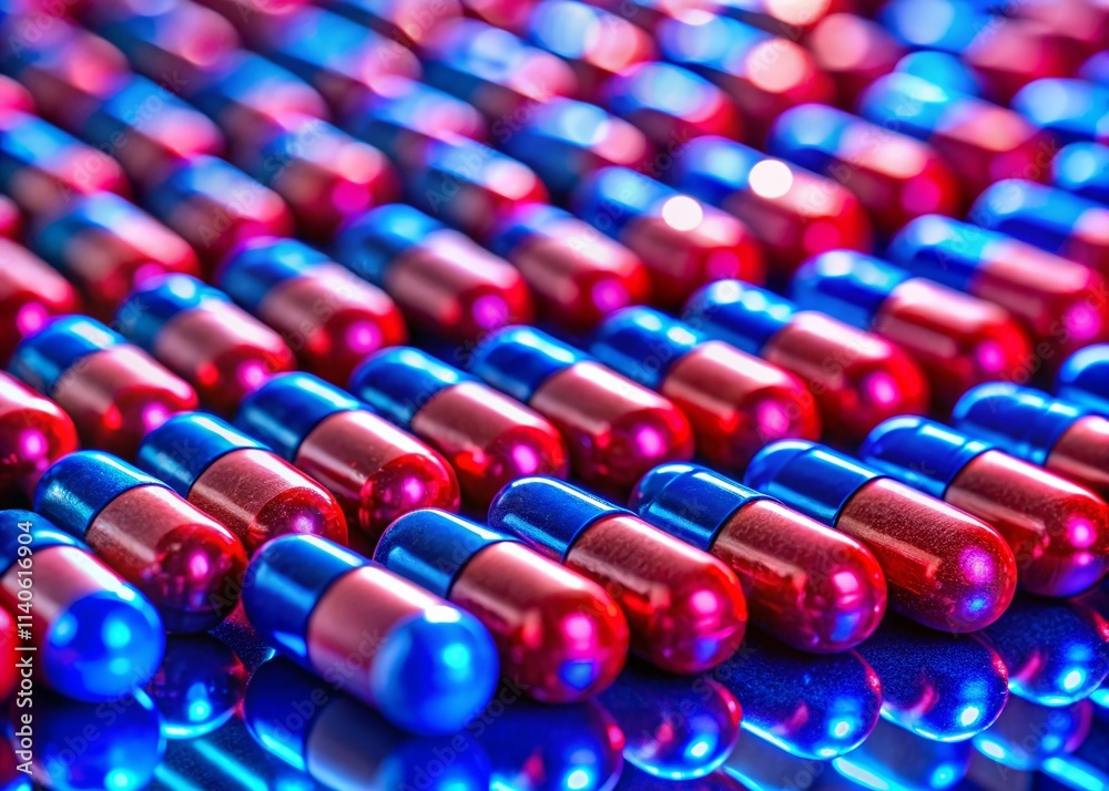 Fototapeta premium Panoramic Red Blue Capsules Pharmacy Medicine Pills Drugstore Healthcare Background