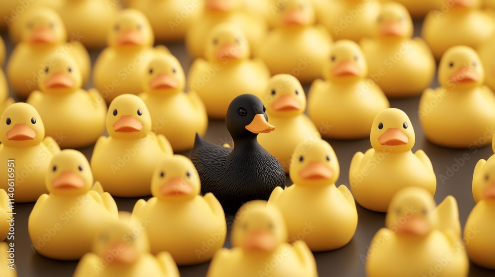 Surreal scene of yellow rubber ducks filling the frame in vibrant lighting