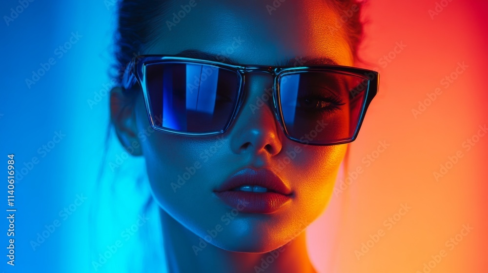 Stylish woman wearing reflective sunglasses under intense neon blue and orange lighting Stylish woman wearing reflective sunglasses under intense neon blue and orange lighting