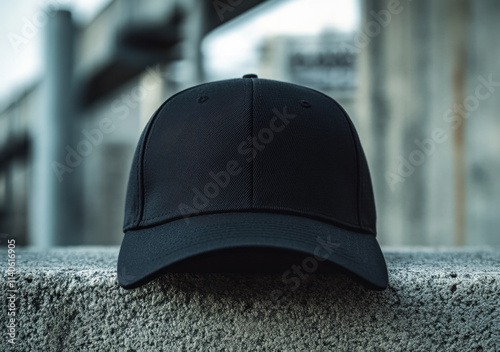 A close-up of a black cap resting on a concrete surface, with an industrial background, highlighting its sleek design and texture. photo