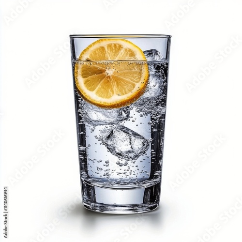Refreshing sparkling water with lemon slice served in a clear glass against d...