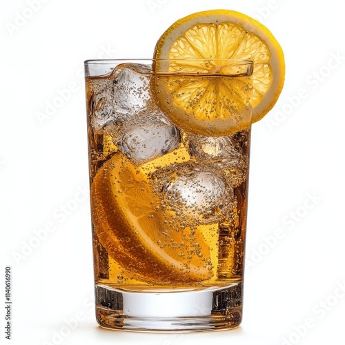 Refreshing sparkling water with lemon slice served in a clear glass against d...