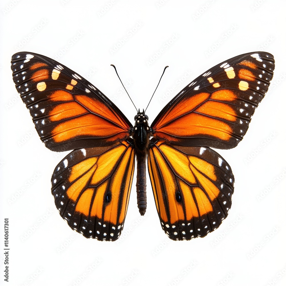 Fototapeta premium Bright orange monarch butterfly displaying vibrant wings on a white background