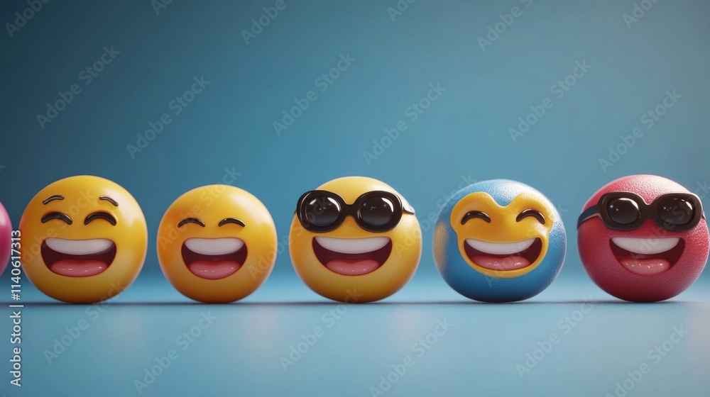 Colorful emoji balls with various expressions on a blue background Colorful emoji balls with various expressions on a blue background