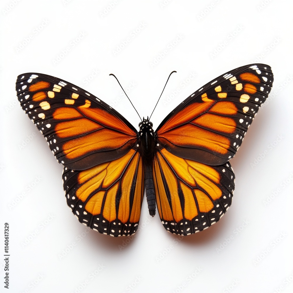 Fototapeta premium Bright orange monarch butterfly displaying vibrant wings on a white background