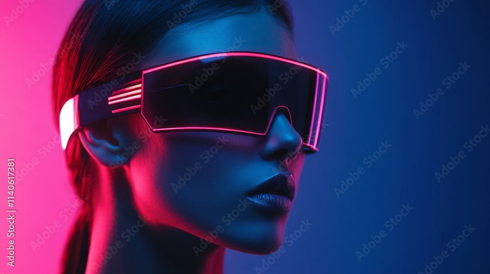 Futuristic portrait of a woman in pink neon lighting wearing visor glasses Futuristic portrait of a woman in pink neon lighting wearing visor glasses