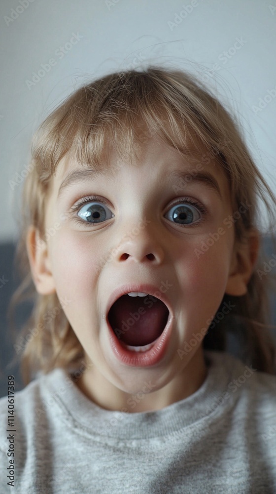 Close-up portrait of a young child with an extremely surprised and excited facial expression, mouth wide open and eyes big with amazement, wearing a light gray casual t-shirt. Close-up portrait of a young child with an extremely surprised and excited facial expression, mouth wide open and eyes big with amazement, wearing a light gray casual t-shirt.