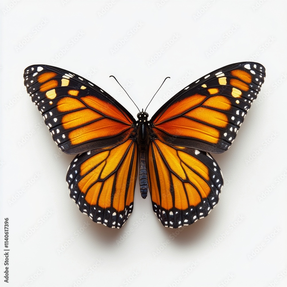 Fototapeta premium Bright orange monarch butterfly displaying vibrant wings on a white background