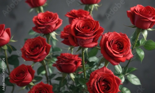 Vibrant red roses unfold their petals like delicate silk , blooming, floral arrangement