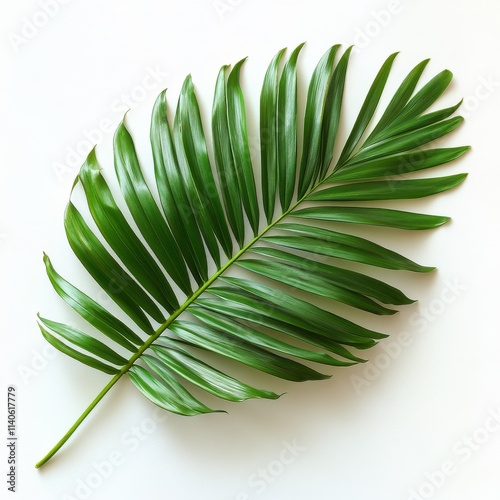 Vibrant green palm leaf against a simple white background showcasing natural ...