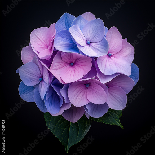 A hydrangea flower in full bloom, featuring an unusual and striking coloration. The petals blend unique hues and gradients, showcasing intricate textures and vivid contrasts  photo