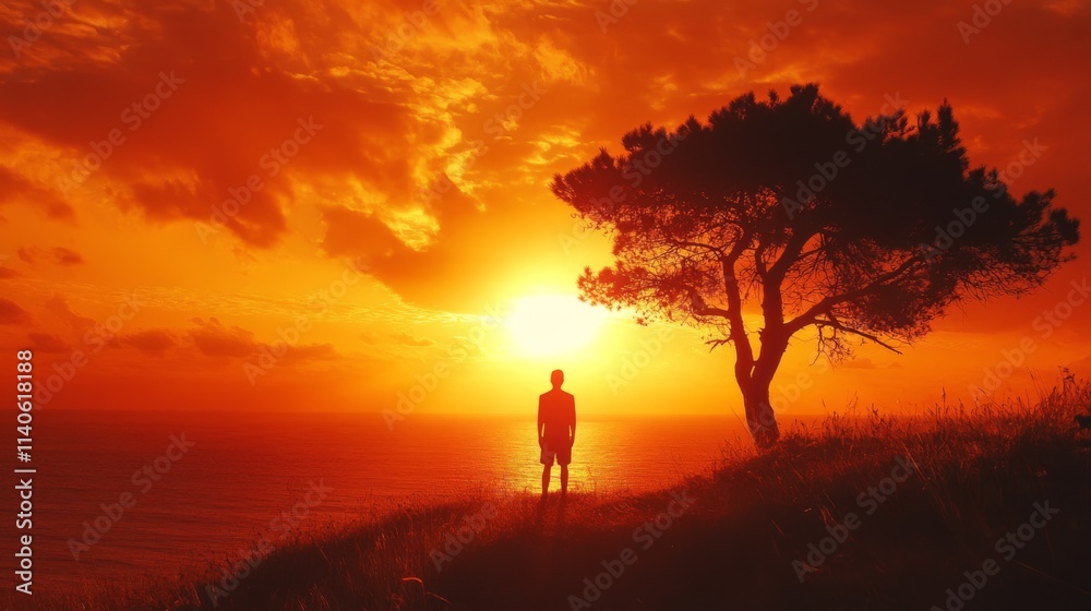 Silhouette of a lone figure walking under a dramatic orange sunset sky Silhouette of a lone figure walking under a dramatic orange sunset sky