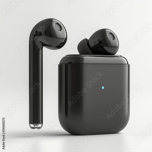 Wireless earbuds displayed in charging case on a plain surface during dayligh...