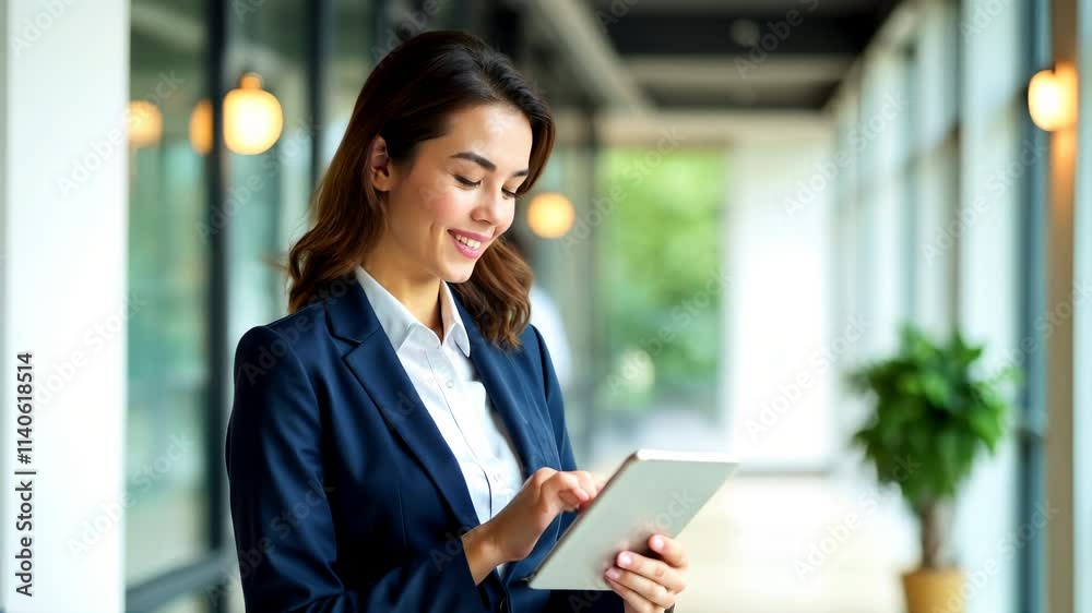 Business successful woman smiling at the camera holding a tablet computer in her hands. Business successful woman smiling at the camera holding a tablet computer in her hands.