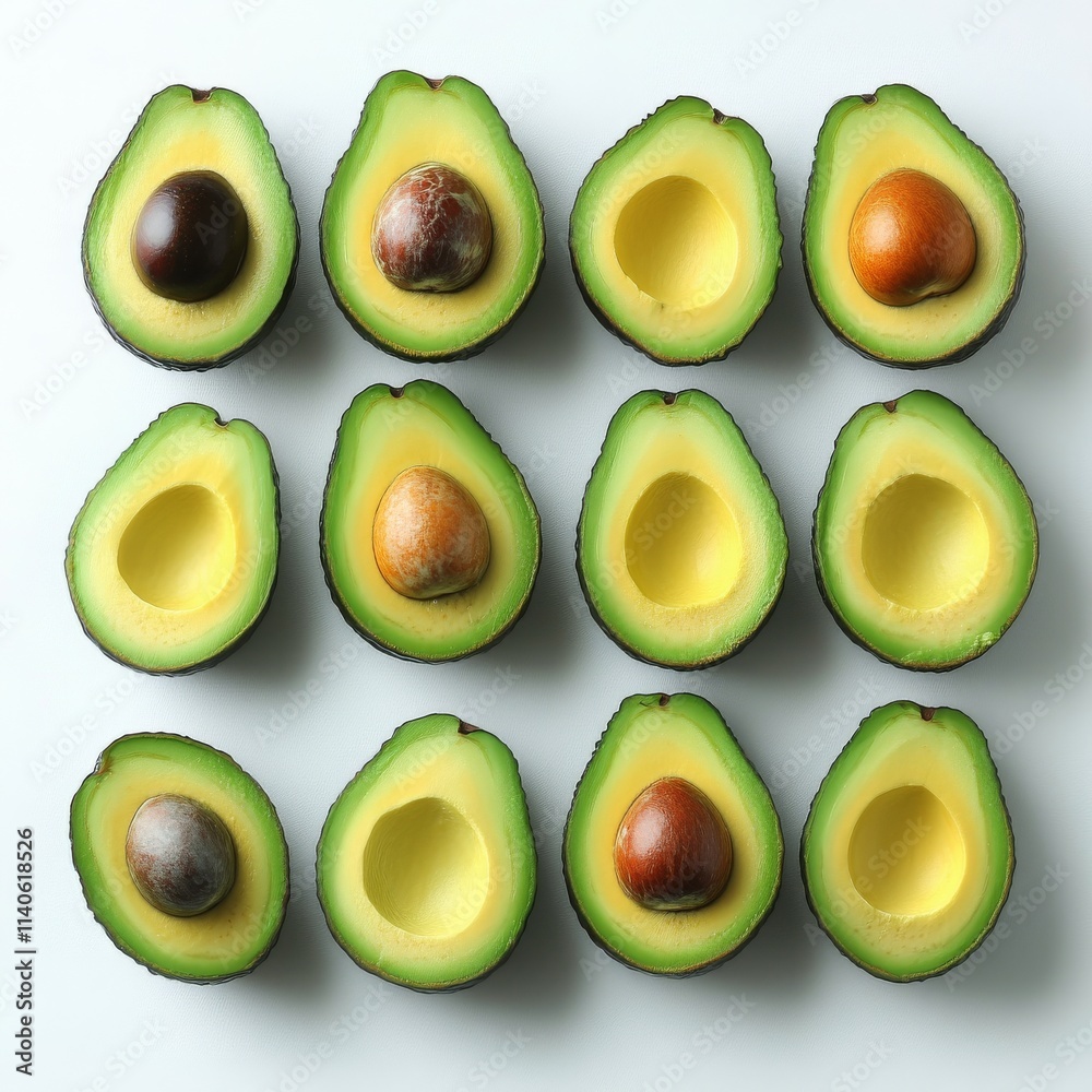 Fresh avocado cut in half showcasing creamy texture and large seed on light blue background