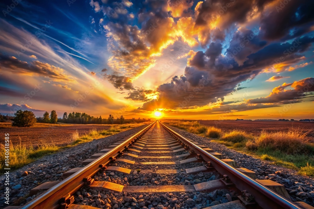 Panoramic Sunset Railroad Tracks - Epic Golden Hour Railway Landscape Photography Panoramic Sunset Railroad Tracks - Epic Golden Hour Railway Landscape Photography