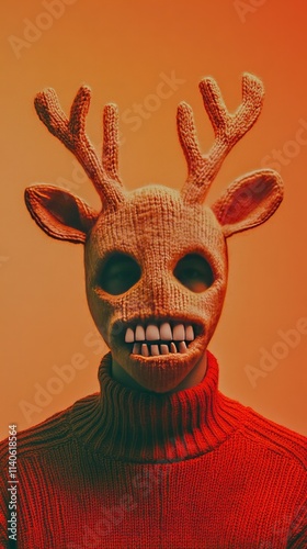 Creative Interpretation of a Festive Creature Wearing a Knitted Mask With Antlers, Showcasing Vibrant Colors and an Unconventional Twist on Holiday Spirit photo