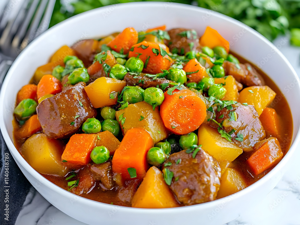 Savory beef stew brimming with vibrant vegetables captures the essence of home-cooked comfort food on a cozy autumn evening in a rustic kitchen setting Savory beef stew brimming with vibrant vegetables captures the essence of home-cooked comfort food on a cozy autumn evening in a rustic kitchen setting