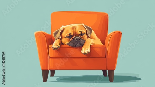 Small dog relaxing on a cozy sofa wearing a warm red sweater in an inviting l...