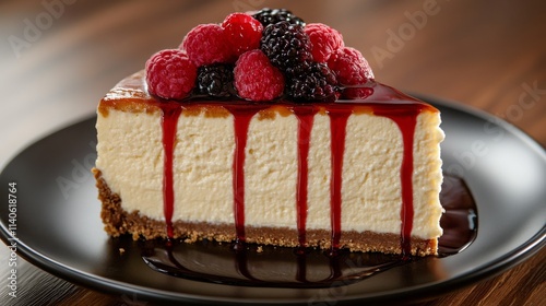 Delicious cheesecake topped with fresh berries and berry sauce on a wooden table