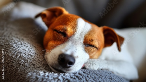 Small dog relaxing on a cozy sofa wearing a warm red sweater in an inviting l...