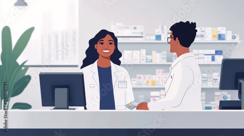 Friendly pharmacist assisting customer in modern pharmacy setting with shelve...