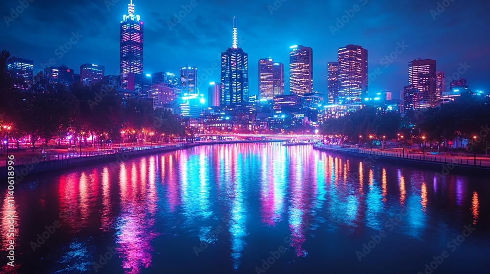 A city skyline at night with a river running through it. A city skyline at night with a river running through it.