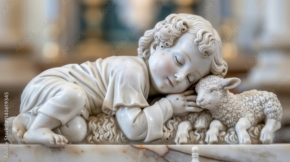Peaceful nativity scene featuring sleeping jesus child in manger surrounded by gentle lambs Peaceful nativity scene featuring sleeping jesus child in manger surrounded by gentle lambs