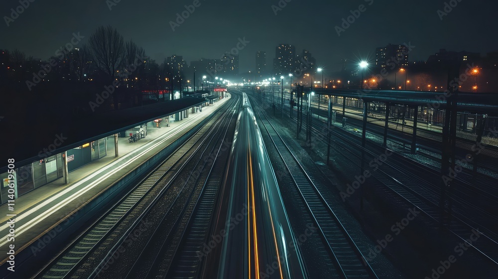 A high-speed train speeding along tracks at night, with the illuminated train station and distant city lights creating a dramatic backdrop A high-speed train speeding along tracks at night, with the illuminated train station and distant city lights creating a dramatic backdrop
