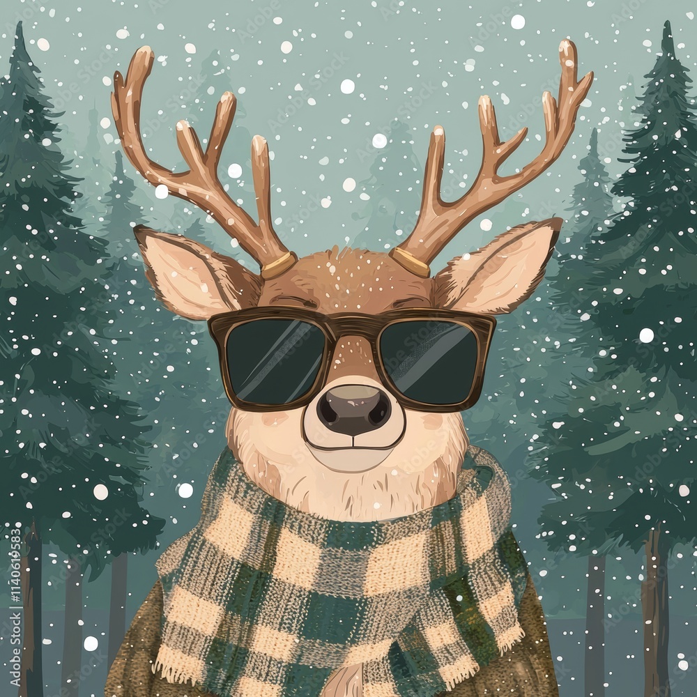 Fototapeta premium Festive Deer Wears Sunglasses and a Cozy Scarf While Surrounded by Falling Snow in a Wintry Forest Landscape During the Holiday Season