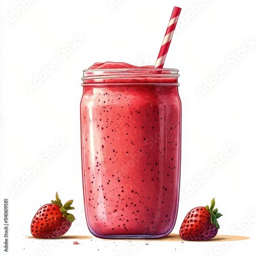 Refreshing berry smoothie served in a glass jar with pink straws in bright light