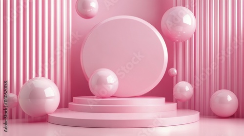Decorative pink display with circular elements and spheres for product exhibi...